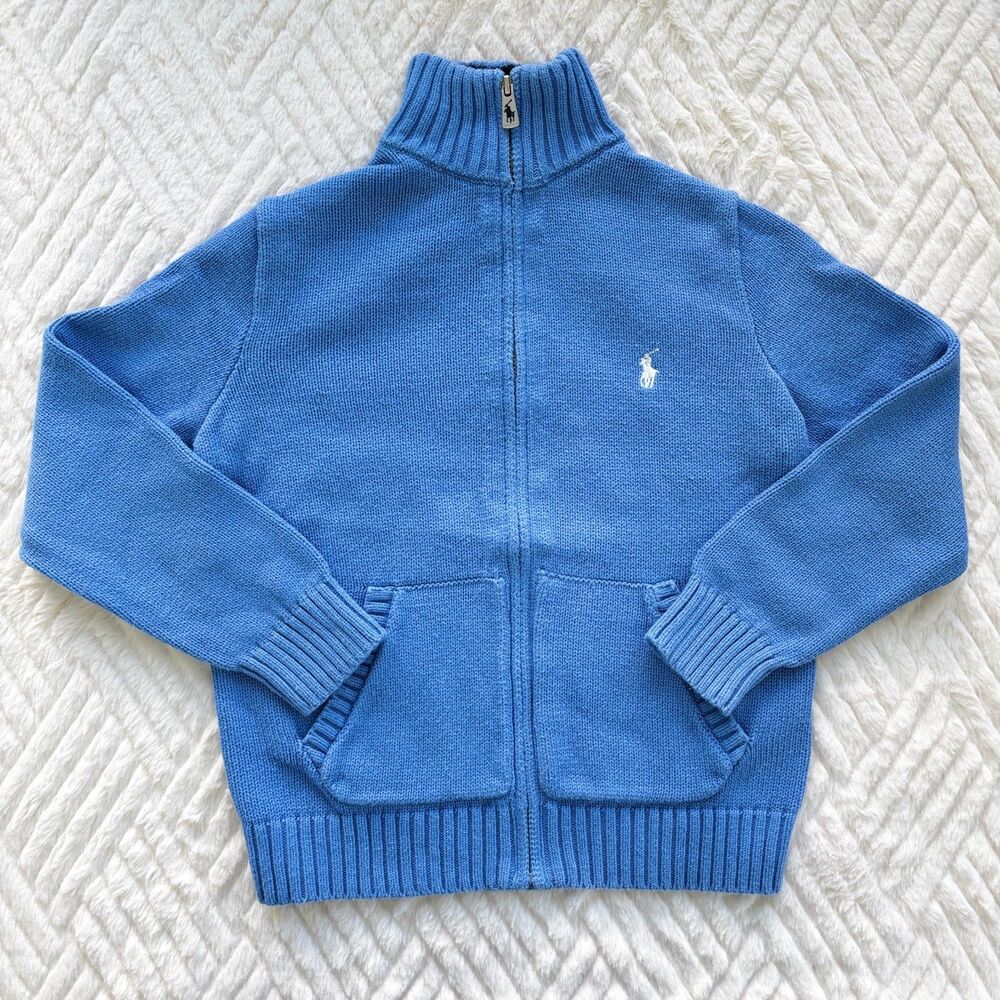 Polo Ralph Lauren Size 5 Blue Full Zip Mock Neck Cotton Sweater Jacket Coat